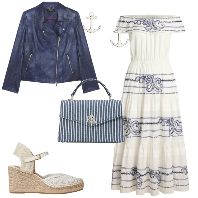 Outfit donna - Casual chic al mare. Stile Casual chic per Mare. Abbinamento con blazer, borse a mano, espadrillas, orecchini, vestiti.