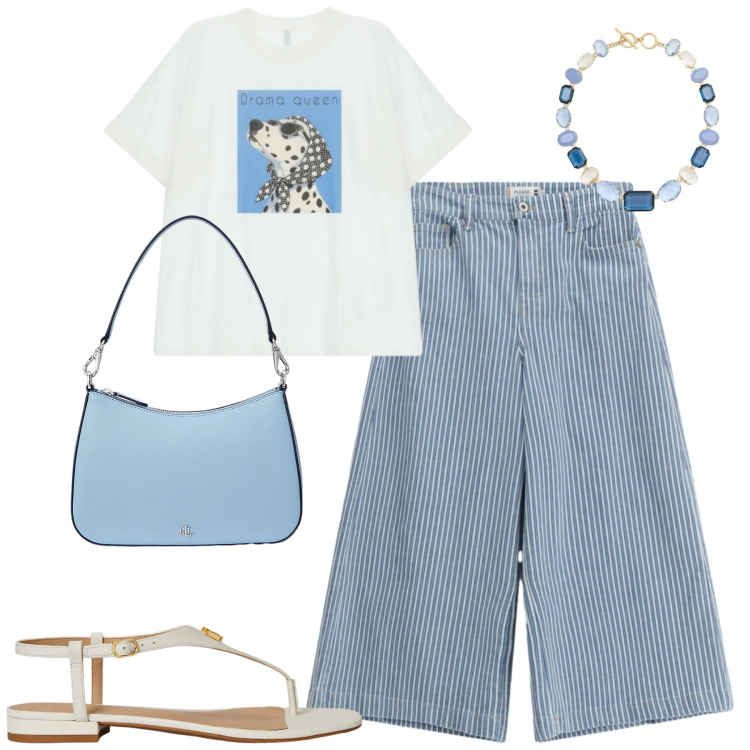 Outfit donna - City. Stile Casual chic per Tutti i giorni. Abbinamento con jeans, t-shirt, borse a spalla, sandali in pelle, collane.