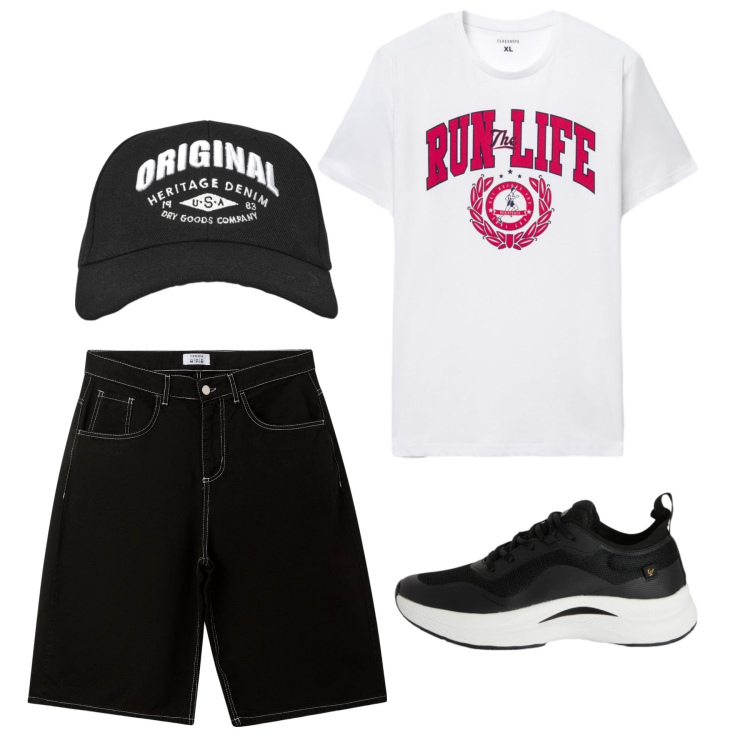 Outfit uomo - Essenziale. Stile Casual per Tutti i giorni. Abbinamento con sneakers, bermuda, cappelli con visiera, t-shirt.