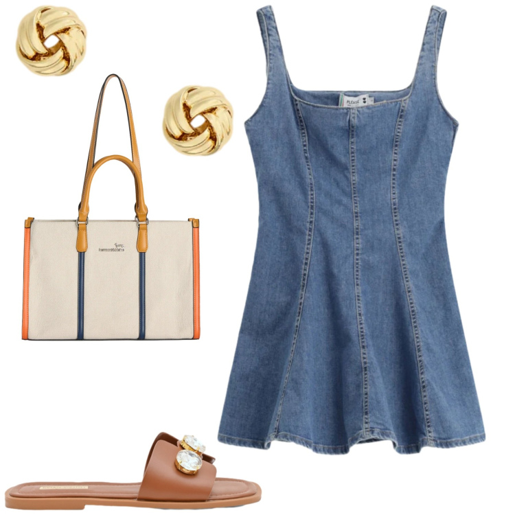 Outfit donna - Al mare. Stile Casual chic per Mare. Abbinamento con vestiti corti, borse tote, sandali gioiello, orecchini.
