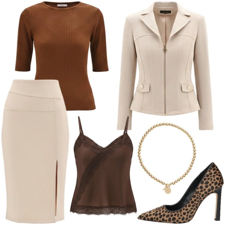 Outfit donna - In tailleur da mattina a sera. Stile Chic per Tutti i giorni. Abbinamento con décolleté, blazer, gonne longuette, canottiere, t-shirt, collane.