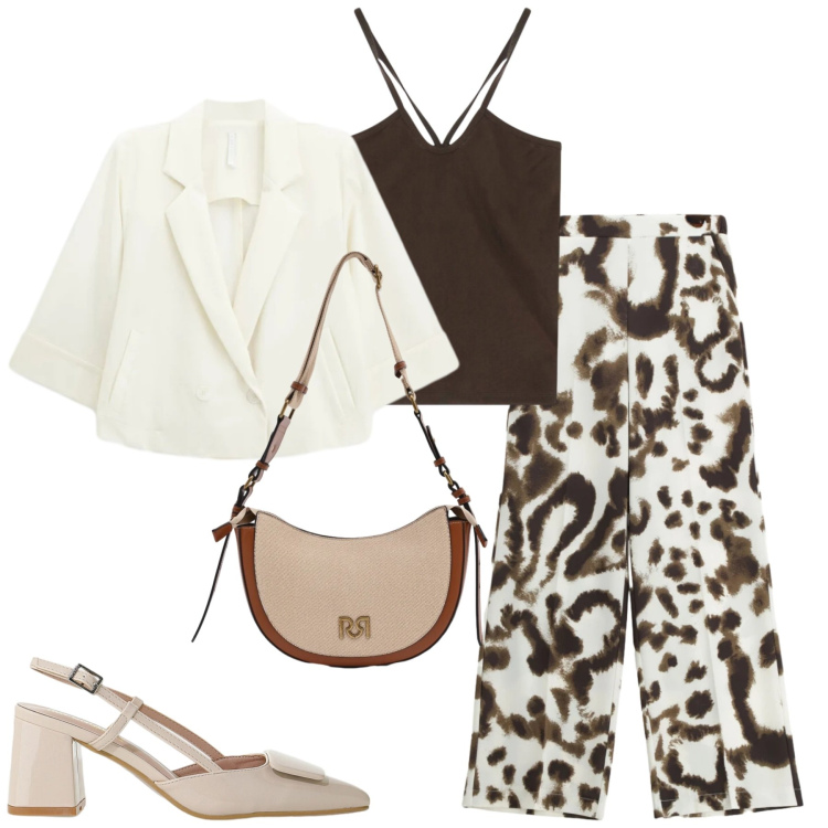 Outfit donna - City. Stile Trendy per Tutti i giorni. Abbinamento con canottiere, pantaloni a palazzo, blazer, décolleté, borse a tracolla.