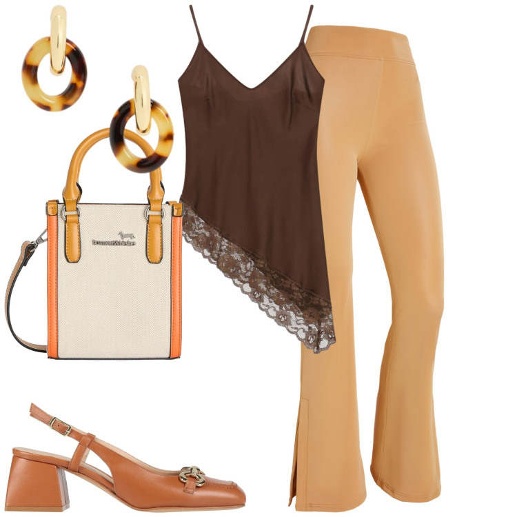 Outfit donna - City. Stile Trendy per Tutti i giorni. Abbinamento con décolleté, top, borse tote, pantaloni, orecchini.
