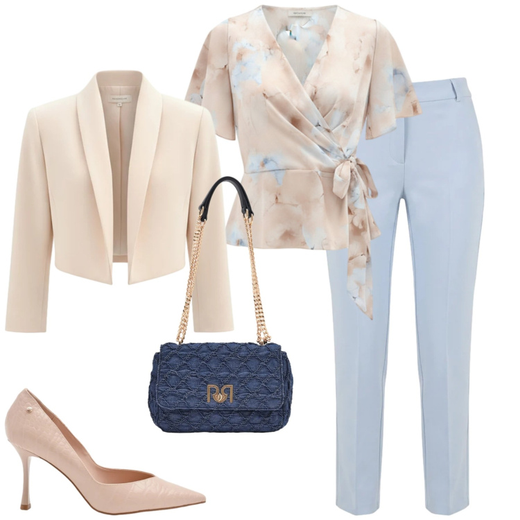 Outfit donna - Chic. Stile Chic per Cerimonia. Abbinamento con pantaloni, bluse, décolleté, borse a spalla, bolero.