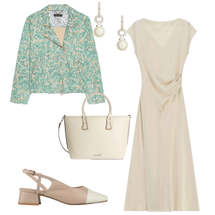 Outfit donna - Casual chic ufficio tempo libero. Stile Casual chic per Tutti i giorni. Abbinamento con décolleté, blazer, shopping bag, vestiti midi/longuette, orecchini.