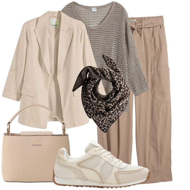 Outfit donna - Morbide curve nei toni chiari. Stile Casual chic per Tutti i giorni. Abbinamento con pantaloni cargo, maglieria, blazer, sneakers alte, sciarpe, borse a secchiello.