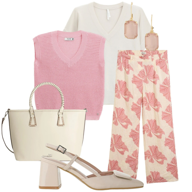 Outfit donna - Gilet rosa. Stile Casual chic per Ufficio. Abbinamento con pantaloni, top, shopping bag, décolleté, maglieria, orecchini.