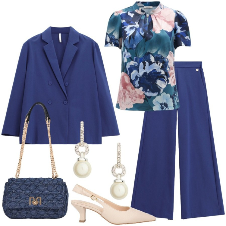 Outfit donna - Tailleur fluido da cerimonia. Stile Chic per Cerimonia. Abbinamento con décolleté, pantaloni a palazzo, blazer, bluse, borse a spalla, orecchini.