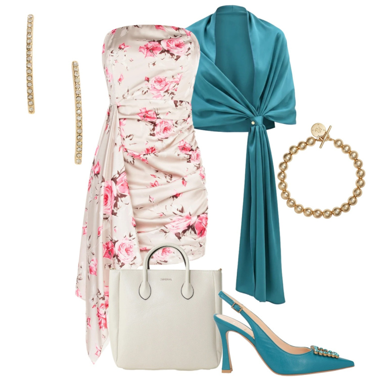 Outfit donna - Romantica per la cerimonia. Stile Romantica per Cerimonia. Abbinamento con décolleté, borse a tracolla, vestiti corti, stole, braccialetti, orecchini.