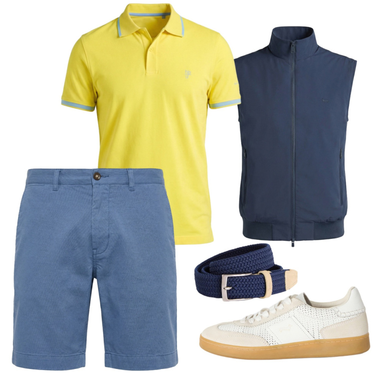 Outfit uomo - Primi caldi. Stile Trendy per Tutti i giorni. Abbinamento con cinture, sneakers, gilet, polo, bermuda.
