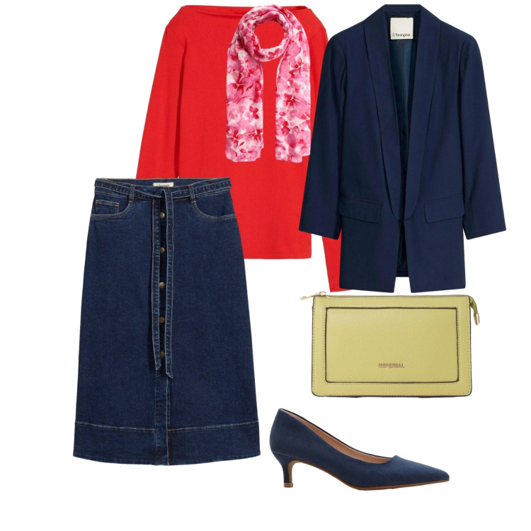 Outfit donna - La gonna in denim scuro. per Scuola/Università. Abbinamento con gonne longuette, décolleté, t-shirt, blazer, foulard, borse a tracolla.