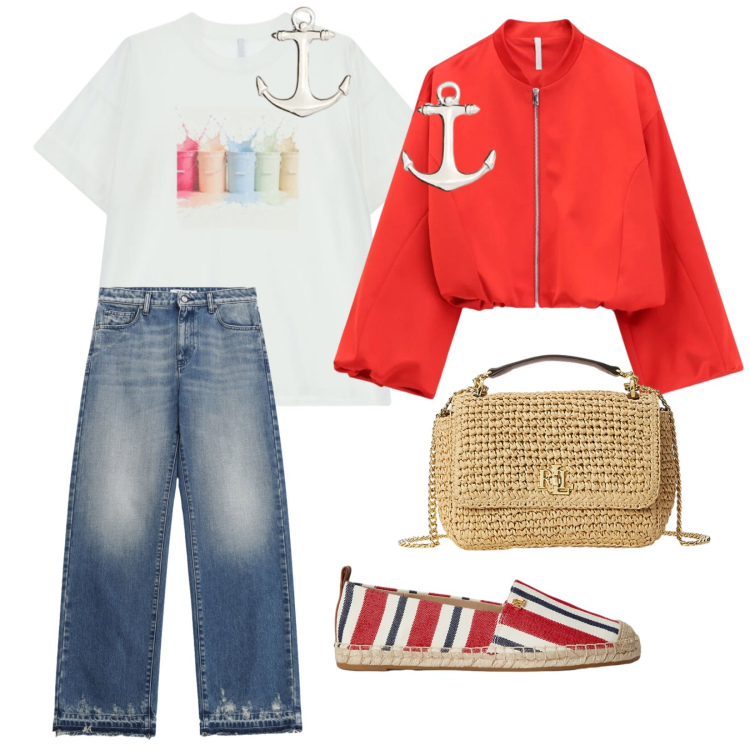 Outfit donna - Posti al mare. per Mare. Abbinamento con jeans, bomber, t-shirt, borse a spalla, espadrillas, orecchini.