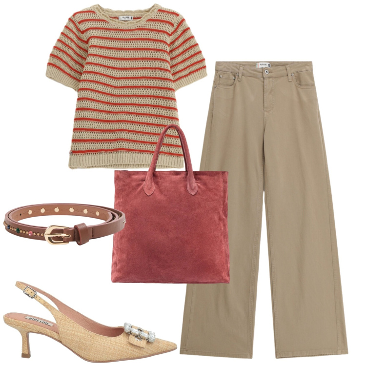 Outfit donna - City. Stile Urban per Tutti i giorni. Abbinamento con décolleté, cinture, pantaloni, t-shirt, borse a mano.