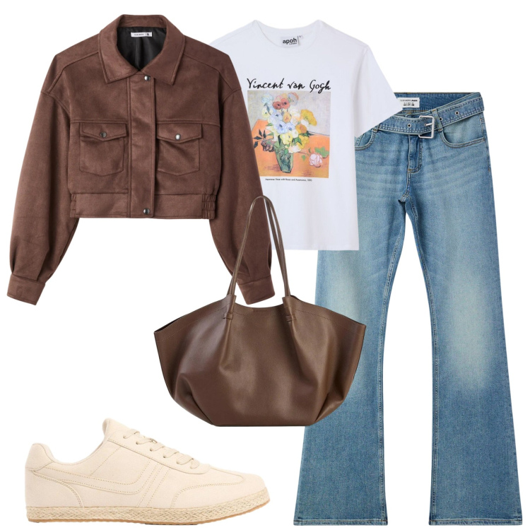 Outfit donna - City. Stile Casual chic per Tutti i giorni. Abbinamento con sneakers, shopping bag, t-shirt, jeans a zampa, bomber.