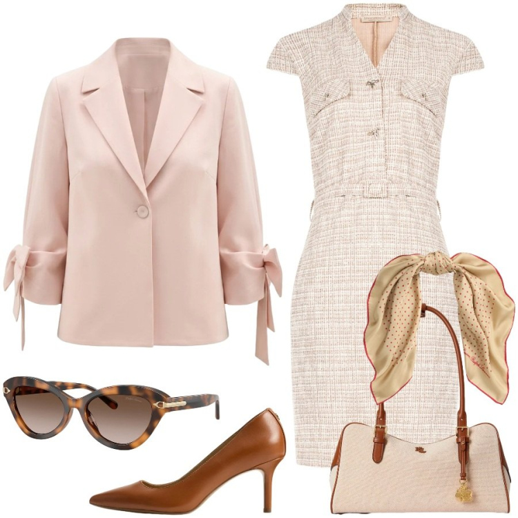 Outfit donna - Rosa bon ton da cerimonia. Stile Chic per Cerimonia. Abbinamento con vestiti midi/longuette, blazer, décolleté, occhiali da sole, foulard, borse a mano.