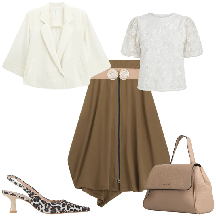 Outfit donna - Casual chic ufficio tempo libero. Stile Casual chic per Tutti i giorni. Abbinamento con zaini, décolleté, blazer, gonne longuette, bluse, cinture.