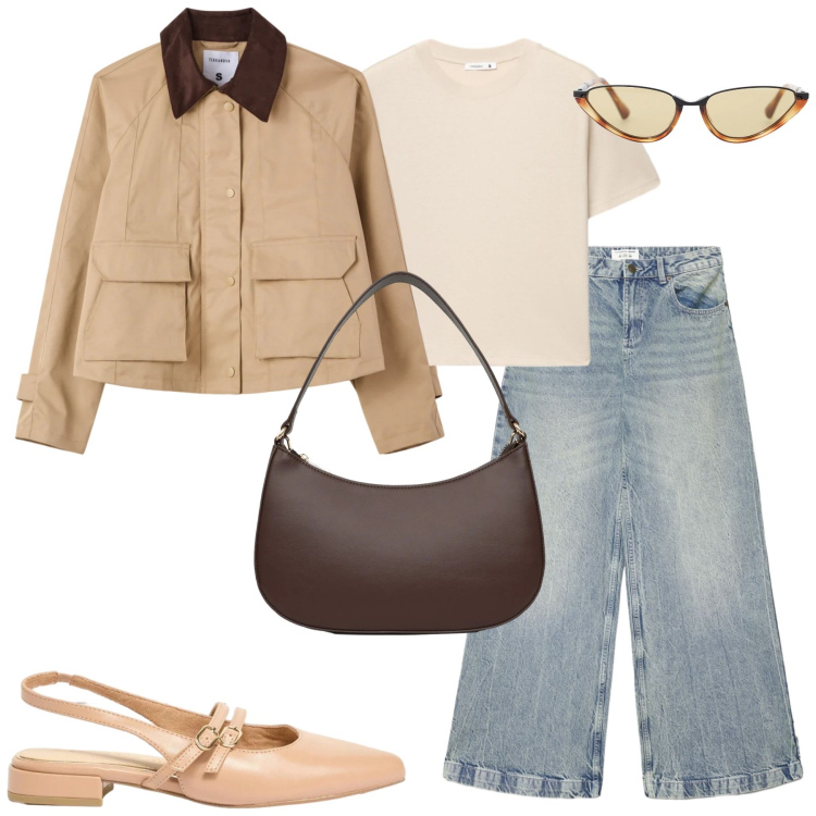 Outfit donna - Aprile. Stile Casual per Tutti i giorni. Abbinamento con ballerine, cappotti, jeans, t-shirt, borse a tracolla, occhiali da sole.