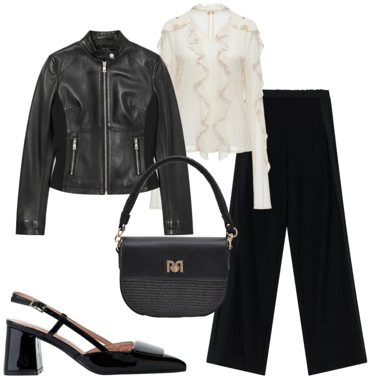 Outfit donna - A cena. Stile Casual chic per Serata fuori. Abbinamento con pantaloni a palazzo, décolleté, giacche, borse a spalla, bluse.