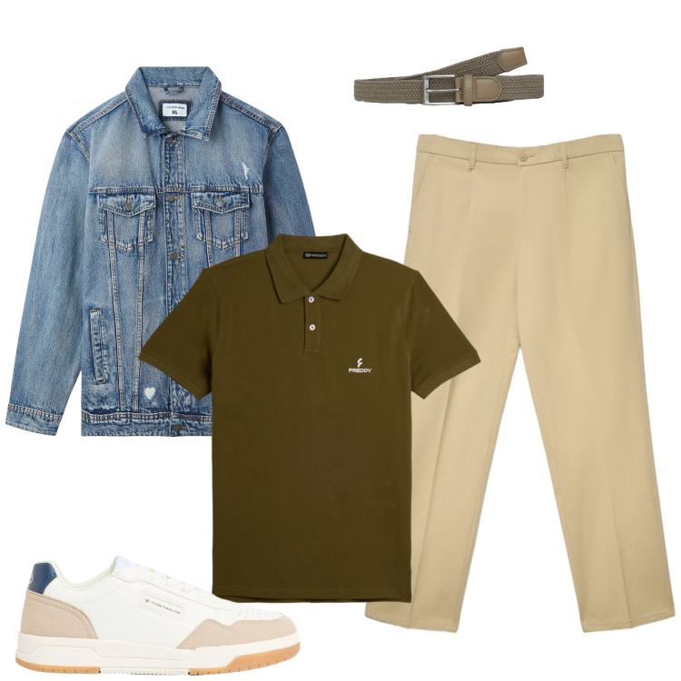 Outfit uomo - Urban Casual in Earth Tones. Stile Casual per Tutti i giorni. Abbinamento con sneakers, polo, giacche, cinture, pantaloni chino.