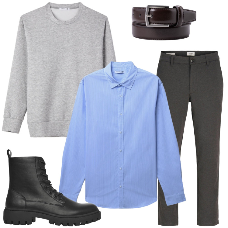 Outfit uomo - Lo Smart Casual Grintoso. Stile Trendy per Tutti i giorni. Abbinamento con pantaloni chino, anfibi, camicie, felpe, cinture.
