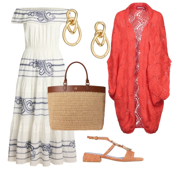 Outfit donna - Lungo mare a maggio. per Mare. Abbinamento con cardigans, sandali in pelle, orecchini, borse tote, vestiti.