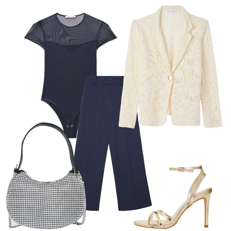 Outfit donna - Blu & panna per la sera. Stile Chic per Serata fuori. Abbinamento con blazer, top, pantaloni, borse a spalla, sandali col tacco.