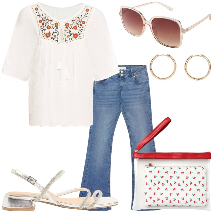 Outfit donna - Un giorno d\'estate. Stile Casual per Tutti i giorni. Abbinamento con tuniche, occhiali da sole, orecchini, sandali, jeans a zampa, pochette.