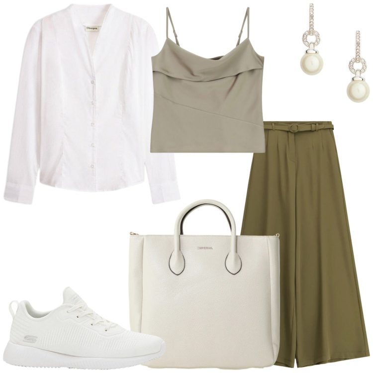 Outfit donna - Look per la giornata. Stile Casual per Tutti i giorni. Abbinamento con sneakers, camicie, pantaloni a palazzo, borse a tracolla, canottiere, orecchini.