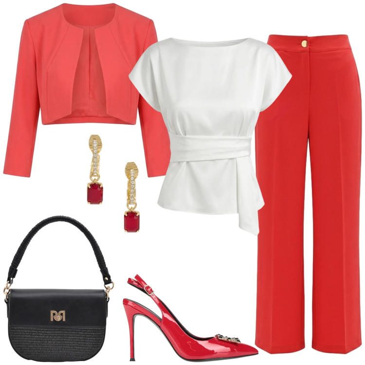 Outfit donna - Cerimonia Rinascimento in rosso!. Stile Chic per Cerimonia. Abbinamento con décolleté, bluse, pantaloni, bolero, borse a spalla, orecchini.