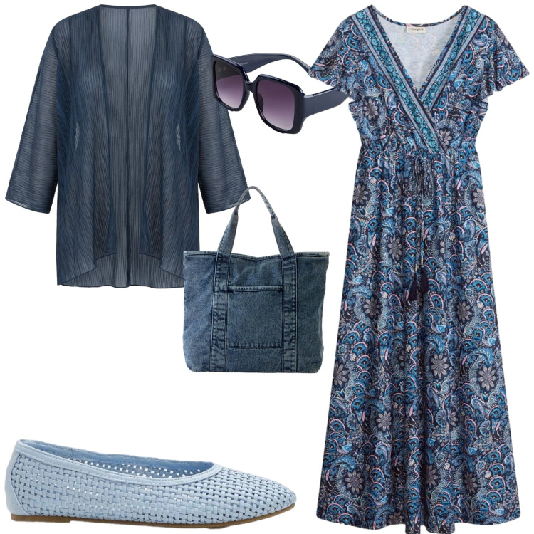 Outfit donna - Casual al mare. Stile Casual per Mare. Abbinamento con vestiti lunghi, shopping bag, occhiali da sole, ballerine, blazer.