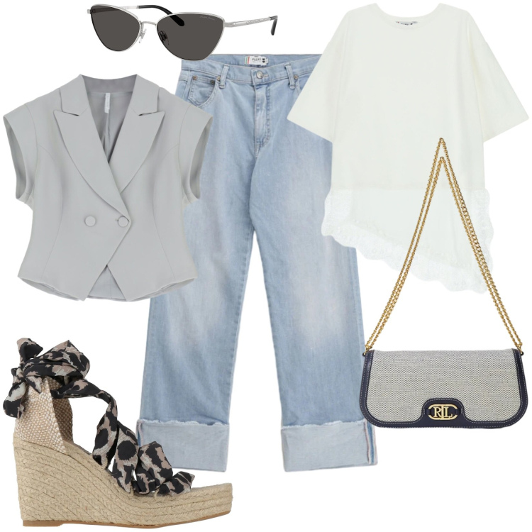 Outfit donna - Ideale per le prossime vacanze. Stile Trendy per Tutti i giorni. Abbinamento con espadrillas, top, jeans dritti, gilet, occhiali da sole, borse a spalla.