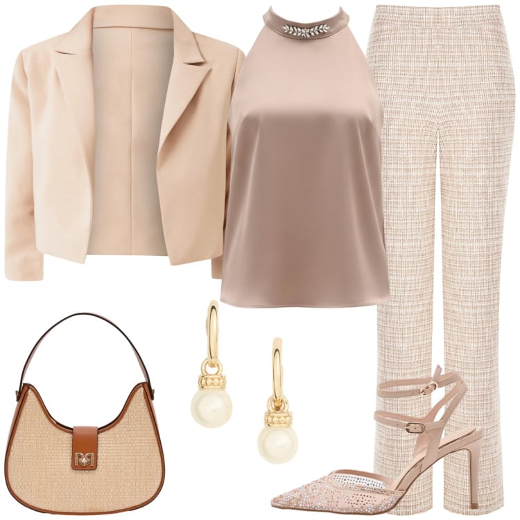 Outfit donna - Elegante in Rinascimento. Stile Chic per Cerimonia. Abbinamento con pantaloni a palazzo, top, blazer, décolleté, borse a spalla, orecchini.