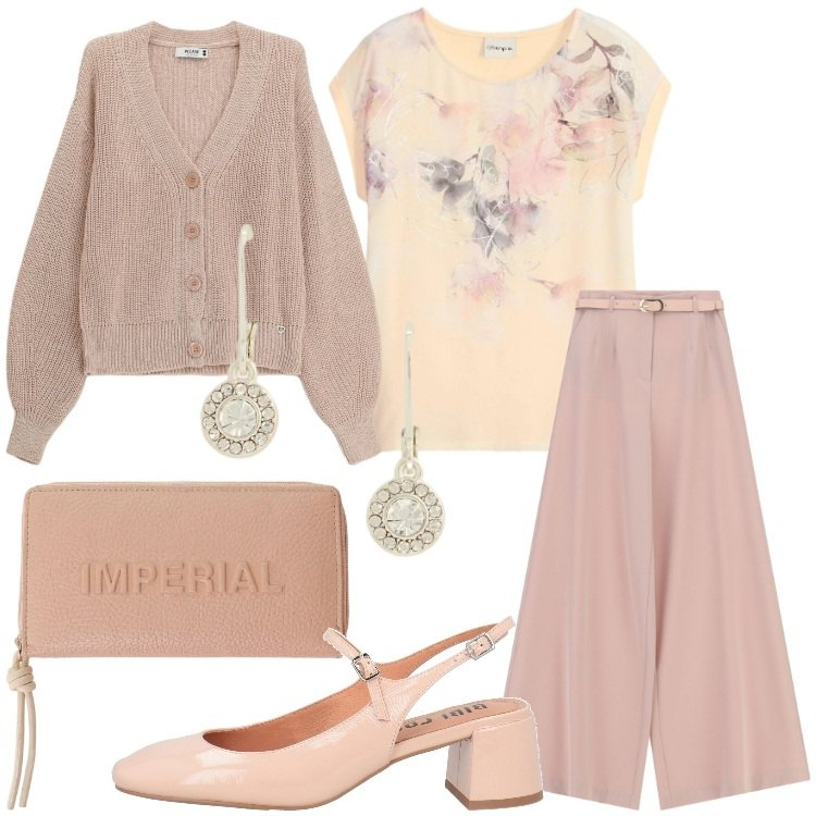 Outfit donna - Colori che illuminano Curvy romantica. Stile Romantica per Ufficio. Abbinamento con décolleté, t-shirt, cardigans, pantaloni a palazzo, portafogli, orecchini.