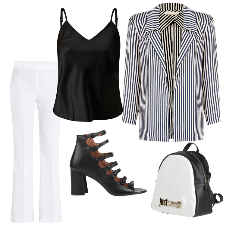 Outfit donna - Giacca rigata. Stile Trendy per Serata fuori. Abbinamento con stivaletti, zaini, blazer, pantaloni, top.