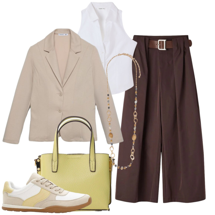Outfit donna - Effortless, but on point. Stile Casual chic per Tutti i giorni. Abbinamento con sneakers, pantaloni, blazer, top, borse a tracolla, collane.