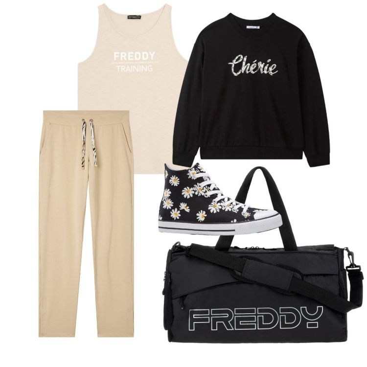 Outfit donna - Pronta per la palestra. Stile Sporty chic per Tutti i giorni. Abbinamento con sneakers, felpe, canottiere, borse sportive, pantaloni.