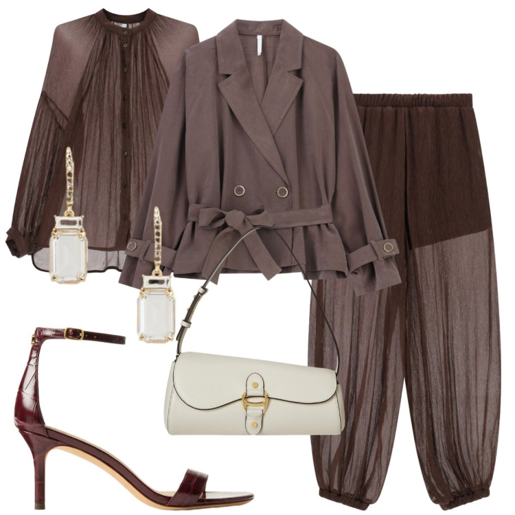 Outfit donna - Total look #2382100. Stile Glamour per Serata fuori. Abbinamento con pantaloni, camicie, blazer, sandali in pelle, borse a spalla, orecchini.