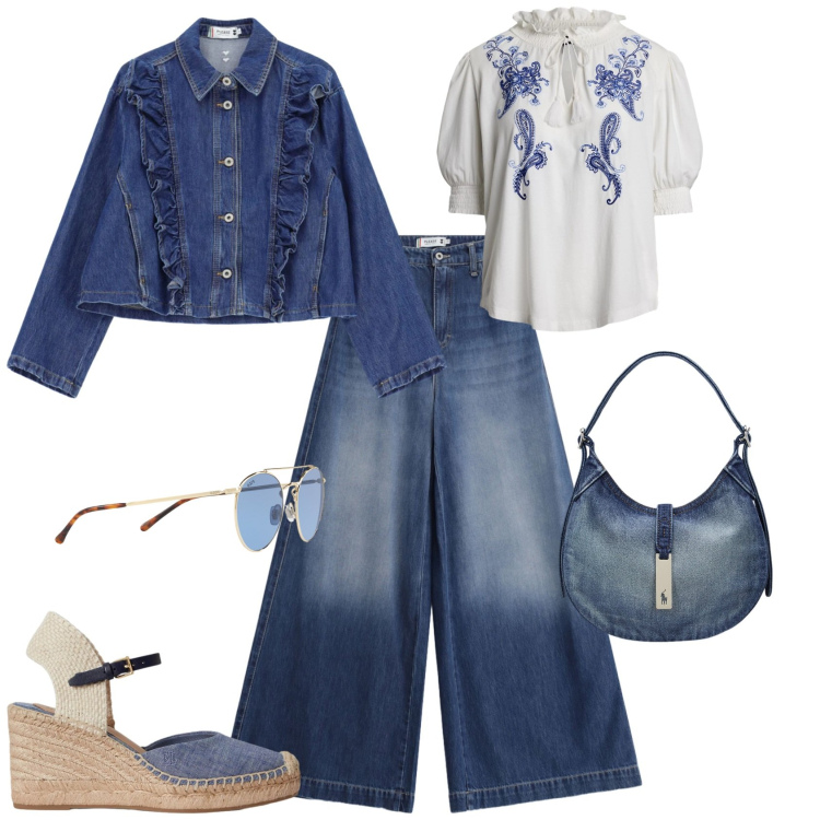 Outfit donna - Denim e bianco ufficio tempo libero. Stile Boho per Tutti i giorni. Abbinamento con jeans, blazer, borse a spalla, espadrillas, bluse, occhiali da sole.