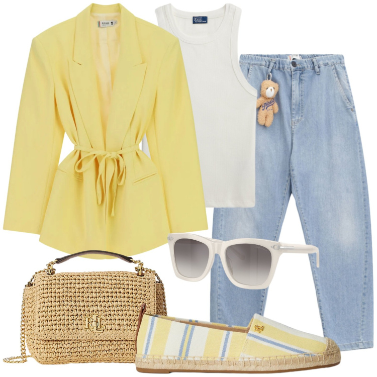 Outfit donna - Blazer giallo. Stile Casual chic per Tutti i giorni. Abbinamento con jeans, blazer, borse a spalla, espadrillas, canottiere, occhiali da sole.