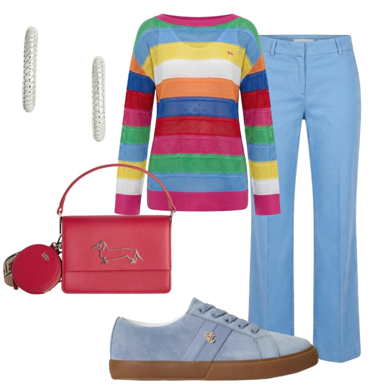 Outfit donna - Tutti i gusti: multicolore. Stile Casual chic per Tutti i giorni. Abbinamento con maglieria, borse a tracolla, pantaloni, sneakers, orecchini.