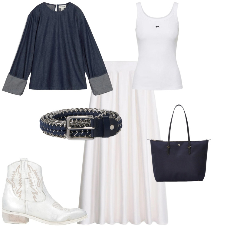 Outfit donna - Casual chic ufficio tempo libero. Stile Casual chic per Tutti i giorni. Abbinamento con stivaletti texani, bluse, gonne lunghe, cinture, canottiere, borse tote.