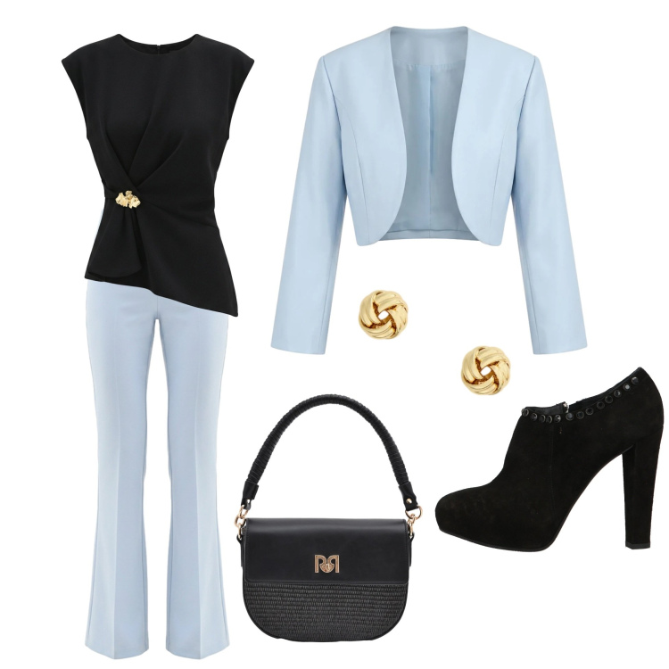 Outfit donna - Cielo azzurro. Stile Bon Ton per Cerimonia. Abbinamento con stivaletti, top, pantaloni, bolero, borse a spalla, orecchini.