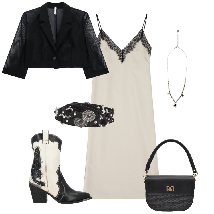 Outfit donna - Chic rock serata evento speciale. Stile Rock per Serata fuori. Abbinamento con stivaletti texani, cinture, vestiti midi/longuette, blazer, borse a spalla, ciondoli.