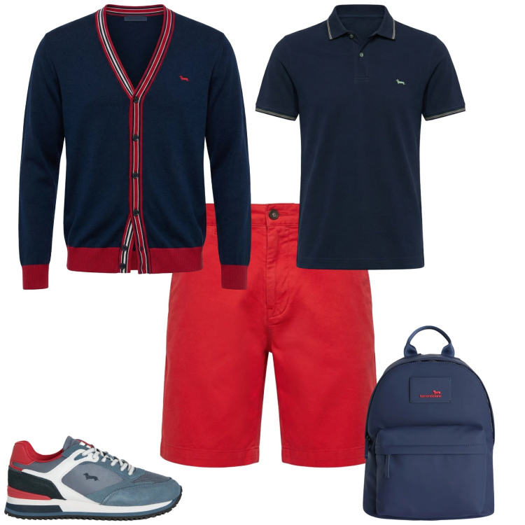 Outfit uomo - Trendy per il mare. Stile Trendy per Mare. Abbinamento con cardigans, borse sportive, pantaloni corti, polo, sneakers.