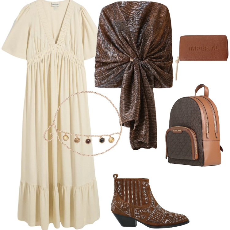 Outfit donna - Total look #2382116. Stile Boho per Tutti i giorni. Abbinamento con stivaletti, zaini, vestiti lunghi, cinture, portafogli, stole.