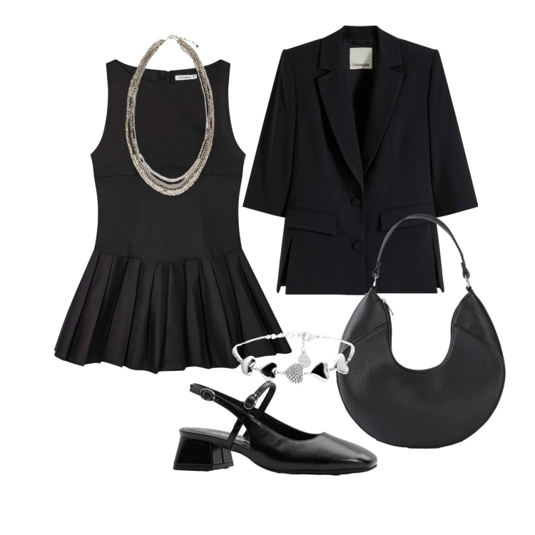 Outfit donna - Aprile. Stile Trendy per Serata fuori. Abbinamento con blazer, décolleté, borse a mano, vestiti senza maniche, collane, braccialetti.