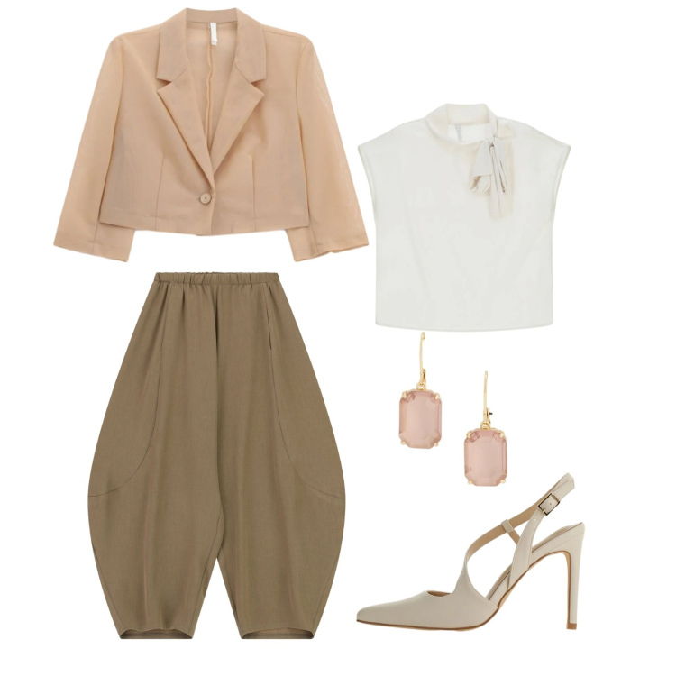 Outfit donna - A glass of rosè. Stile Casual chic per Tutti i giorni. Abbinamento con pantaloni, canottiere, décolleté, blazer, orecchini.