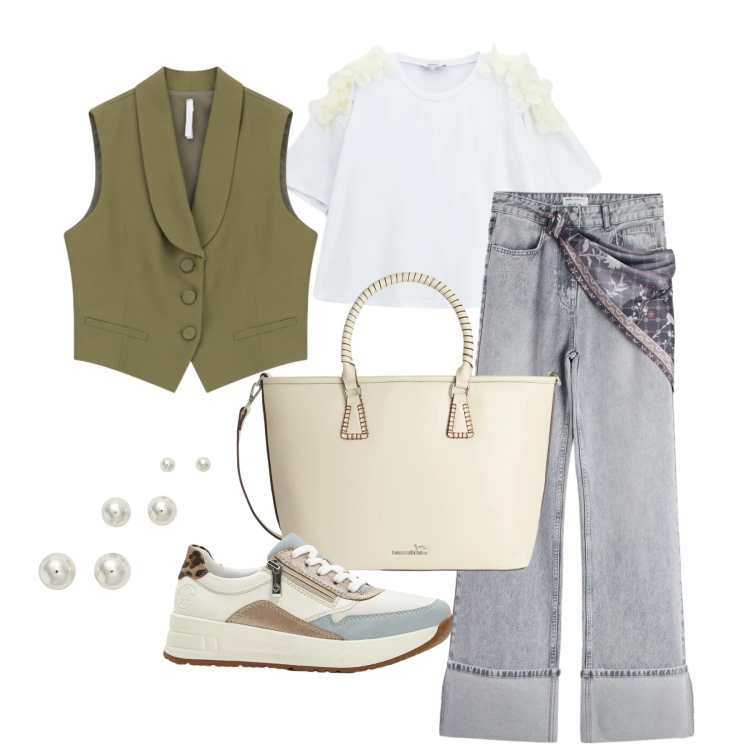 Outfit donna - Aprile. Stile Casual per Tutti i giorni. Abbinamento con sneakers, jeans, shopping bag, t-shirt, gilet, orecchini.