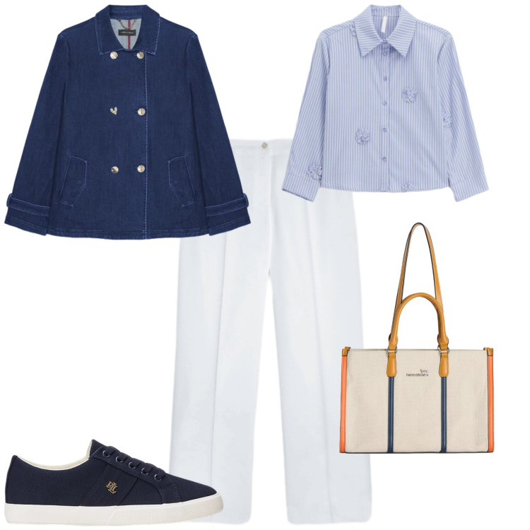 Outfit donna - Trendy ufficio tempo libero. Stile Trendy per Tutti i giorni. Abbinamento con trench, pantaloni, borse tote, camicie, sneakers.