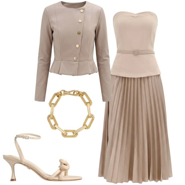 Outfit donna - Occasione: cerimonia. Stile Chic per Cerimonia. Abbinamento con sandali in pelle, vestiti midi/longuette, giacche, braccialetti.